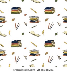 Hand drawn back to school illustration seamless vector pattern kids, autumn leaves, books, stationery. Perfect for fall school projects, education, seasonal classroom materials. Pen, pencil