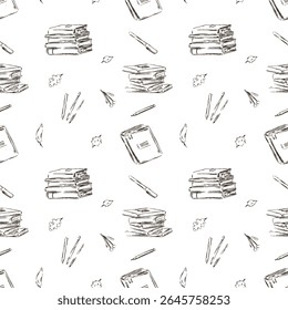 Hand drawn back to school illustration seamless vector pattern kids, autumn leaves, books, stationery. Perfect for fall school projects, education, seasonal classroom materials. Pen, pencil