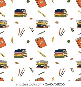 Hand drawn back to school illustration seamless vector pattern kids, autumn leaves, books, stationery. Perfect for fall school projects, education, seasonal classroom materials. Pen, pencil
