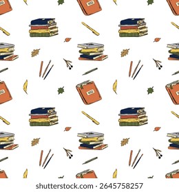 Hand drawn back to school illustration seamless vector pattern kids, autumn leaves, books, stationery. Perfect for fall school projects, education, seasonal classroom materials. Pen, pencil