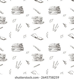 Hand drawn back to school illustration seamless vector pattern kids, autumn leaves, books, stationery. Perfect for fall school projects, education, seasonal classroom materials. Pen, pencil