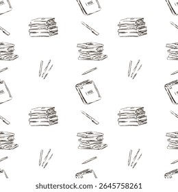 Hand drawn back to school illustration seamless vector pattern kids, autumn leaves, books, stationery. Perfect for fall school projects, education, seasonal classroom materials. Pen, pencil