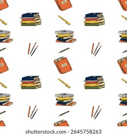 Hand drawn back to school illustration seamless vector pattern kids, autumn leaves, books, stationery. Perfect for fall school projects, education, seasonal classroom materials. Pen, pencil