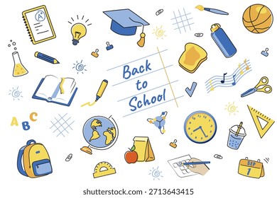 Mão desenhada de volta para a escola ilustração conjunto com ícones de educação e rabiscos no estilo de vetor infantil lúdico