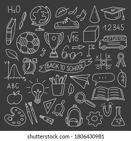 Mano arrastrada de vuelta a la escuela grabando en cinta con material escolar de fondo puesto. Ilustración vectorial con papel de diseño gráfico, banner web y material impreso.