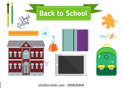 Hand drawn back to school lettering illustration with set of  supplies and computer tablet