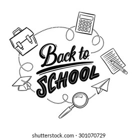 Hand drawn back to school message surrounded by icons vector against white background