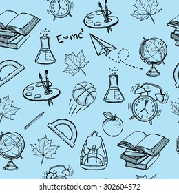 Hand drawn back to school seamless pattern. Books, backpack, maple leaf, basketball, pencil, globe, apple, palette with brushes, paper plane, alarm clock, , lab flask. Blue background