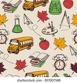 Hand drawn back to school seamless pattern. Books, backpack, maple leaf, basketball, pencil, apple, palette, brushes, paper plane, alarm clock, clip, baseball glove, lab flask