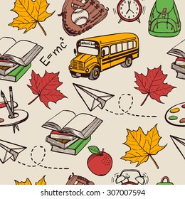 Hand drawn back to school seamless pattern. Books, backpack, maple leaf, basketball, pencil, apple, palette, brushes, paper plane, alarm clock, clip, baseball glove