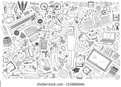 Hand drawn back to school set doodle vector background