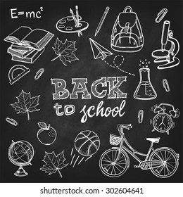 Hand drawn back to school set. Books, backpack, bicycle, maple leaf, basketball, pencil, globe, apple, palette, brushes, paper plane, alarm clock, clip, microscope, lab flask. Chalkboard background