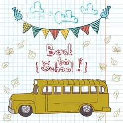 Hand Drawn Back To School Sketch. Notebook Doodles With Lettering, School Bus, Fallen Leaves, Bunting Flags And Birds. Vector Illustration. Design Elements On Lined Notebook Paper.