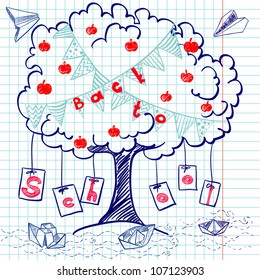 Hand drawn "Back to School" sketch on squared notebook paper. Notebook doodles with lettering, paper boats, paper planes, tree, apples and bunting flags. Vector Illustration. Background