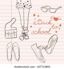 Hand drawn "Back to School" sketch. Notebook doodles with lettering, girl's legs, bag, eyeglasses, flat shoes and sneakers. Vector Illustration. Design elements on lined notebook paper.