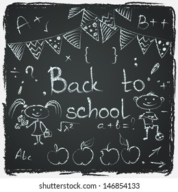 Hand drawn back to school sketch. Set of school doodles on chalkboard background.