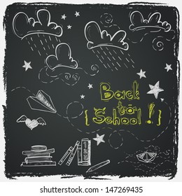 Hand drawn Back to School sketch. Notebook doodles with lettering, paper boat, paper plane, clouds, stars, hearts and books. Design elements on chalkboard background.