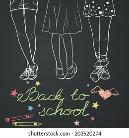 Hand drawn back to school sketch. Notebook doodles with lettering, girl's legs and crayons on chalkboard background.