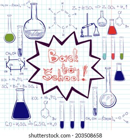 Hand drawn back to school sketched elements on squared notebook paper. Notebook doodles with lettering, chemical flasks, formulas.
