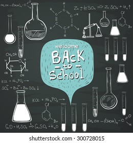 Hand drawn back to school sketched elements on chalkboard background. Chalk doodles with lettering, chemical flasks, formulas.