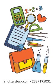 Hand drawn Back to School stationary banner. Colorful icons set