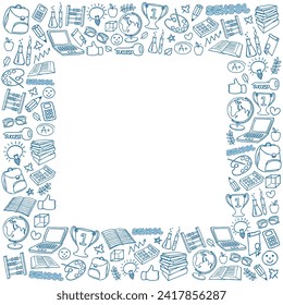 Mano arrastrada de vuelta a la escuela marco estacionario o frontera. Conjunto de artículos relacionados con la escuela y la educación. Ilustración, mochila, globo, portátil, etc. Vector