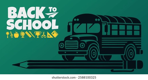 Hand Drawn Back to School Text Typography with School Bus on a Pencil and Education Icons. Education Background Design, Greeting Card, Cover, Banner.