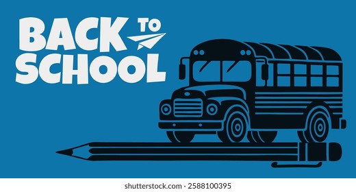 Hand Drawn Back to School Text Typography with School Bus on a Pencil. Education Background Design, Greeting Card, Cover, Banner.