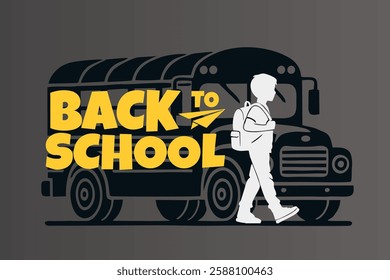 Hand Drawn Back to School Text Typography with School Bus and Walking Student Silhouette. Education Background Design, Greeting Card, Cover, Banner.	