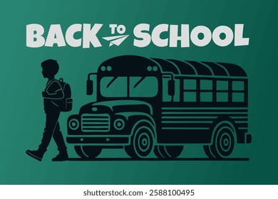 Hand Drawn Back to School Text Typography with School Bus and Walking Student Silhouette. Education Background Design, Greeting Card, Cover, Banner.