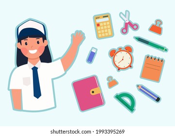 Hand drawn back to school theme Indonesia junior high school students with stationary set sticker collection vector design