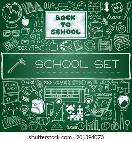 Hand drawn "Back to School" theme icons set. Vector Illustration.