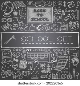 Hand drawn "Back to School" theme icons set. Vector Illustration.