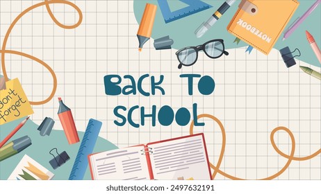 Hand drawn back to school vector design with stationery items. Background illustration with school supplies. 1st of September. Educational backdrop in cartoon stylization