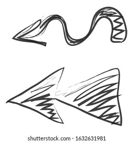 Hand drawn back and white arrows. Hand made vector design. Textured  pencil doodle.