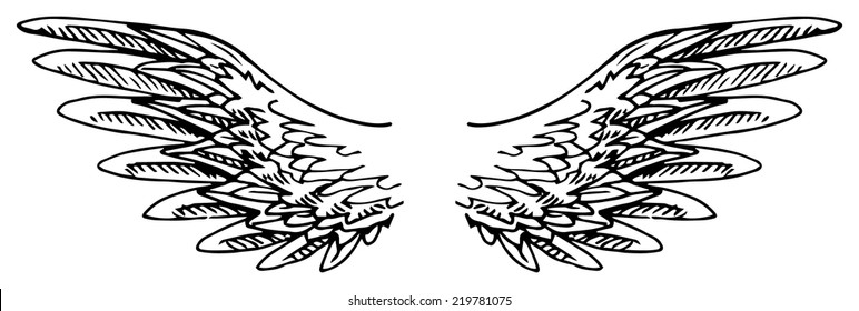 Hand drawn, back and white wings, vector illustration