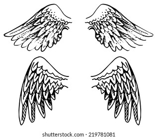 Hand drawn, back and white wings, vector illustration