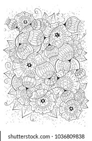 Hand drawn backdrop. Coloring book, page for adult and older children. Black and white abstract floral pattern. Vector illustration. Design for meditation.
