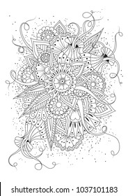 Hand drawn backdrop. Coloring book, page for adult and older children. Black and white abstract floral pattern. Vector illustration. Design for meditation.