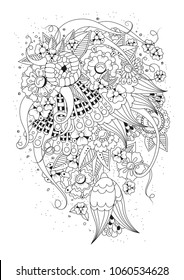 Hand drawn backdrop. Coloring book, page for adult and older children. Black and white abstract floral pattern. Vector illustration. Design for meditation