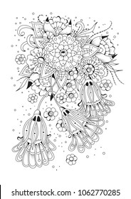 Hand drawn backdrop. Coloring book, page for adult and older children. Black and white abstract floral pattern. Vector illustration. Design for meditation.