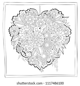 Hand drawn backdrop. Coloring book, page for adult and older children. Black and white abstract floral pattern. Vector illustration. Design for meditation.