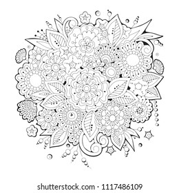 Hand drawn backdrop. Coloring book, page for adult and older children. Black and white abstract floral pattern. Vector illustration. Design for meditation.