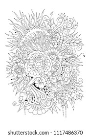 Hand drawn backdrop. Coloring book, page for adult and older children. Black and white abstract floral pattern. Vector illustration. Design for meditation.