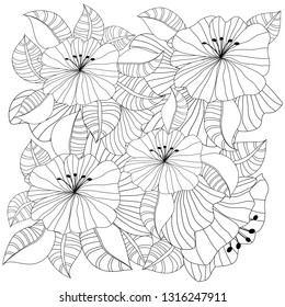 Hand drawn backdrop. Coloring book, page for adult and older children. Black and white abstract floral pattern. Design for meditation.