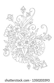 Hand drawn backdrop. Coloring book, page for adult and older children. Black and white abstract floral pattern. Vector illustration. Design for meditation.