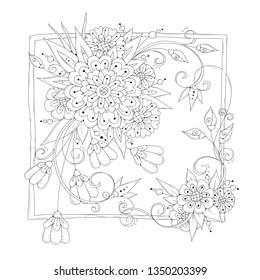 Hand drawn backdrop. Coloring book, page for adult and older children. Black and white abstract floral pattern. Vector illustration. Design for meditation.