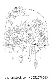 Hand drawn backdrop. Coloring book, page for adult and older children. Black and white abstract floral pattern. Vector illustration. Design for meditation.