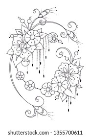 Hand drawn backdrop. Coloring book, page for adult and older children. Black and white abstract floral pattern. Vector illustration. Design for meditation.