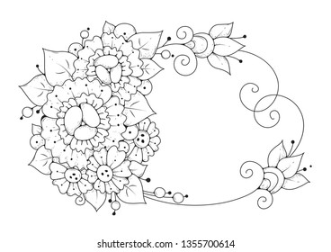 Hand drawn backdrop. Coloring book, page for adult and older children. Black and white abstract floral pattern. Vector illustration. Design for meditation.